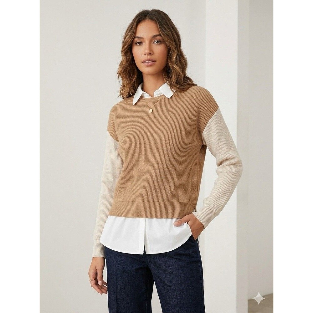 Sioni Milano Layered Look Sweater Womens Medium Tan Cream Ribbed Chunky Knit